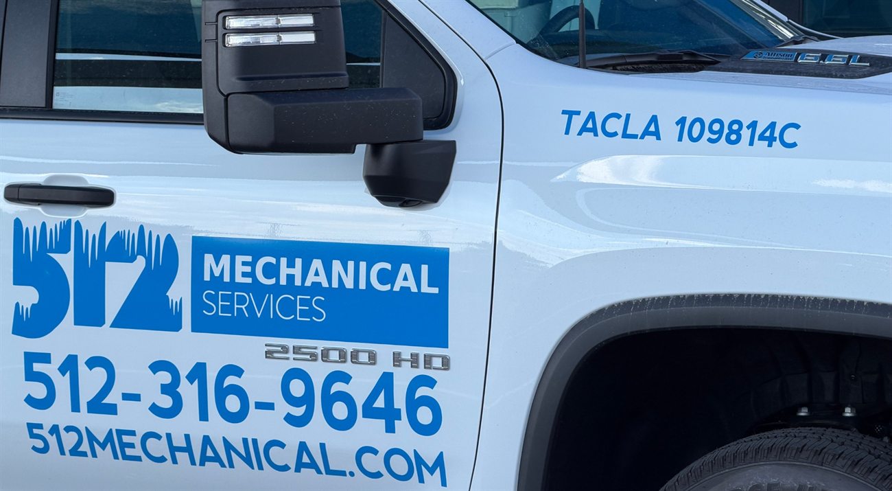 512 Mechanical Services truck door showing Texas license TACLA 109814C and 512-316-9646